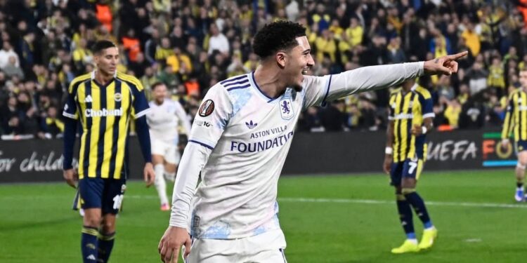 Keterangan foto: Gelandang Aston Villa, Jadon Sancho, melakukan selebrasi usai mencetak gol ke gawang Fenerbahce di Europa League. Kamis 22 Januari 2026. (Sumber: Media Aston Villa)