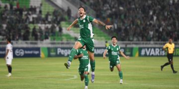 Keterangan foto: Penyerang PSMS Medan, Felipe Cadenazzi, melakukan selebrasi usai mencetak gol ke gawang Sumsel United di Stadion Utama Sumatra Utara, Sabtu 14 Februari 2026. (Sumber: Media Official PSMS)