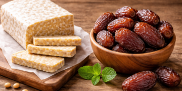 Keterangan Foto: Ilustrasi tempe dan kurma. (Sumber: Artificial Intelligence)