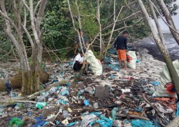 Keterangan: KPA rumah relawan saat membersihkan sampah di pantai Belacan Bagan Arya, Tanjung Tiram. (Foto: Ghiyatuddin/narata.co)