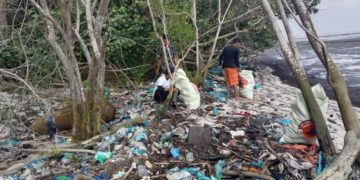 Keterangan: KPA rumah relawan saat membersihkan sampah di pantai Belacan Bagan Arya, Tanjung Tiram. (Foto: Ghiyatuddin/narata.co)
